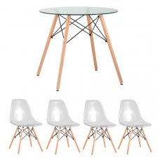 Обеденная группа Eames D80 стеклянный, 4 прозрачных стула Eames